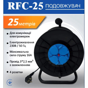 Подовжувач на котушці ULTRALIGHT RFC-25, 4 розетки, провід 3*2,5мм.кв (із заземленням), довжина 25м (6759)